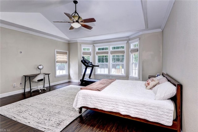 604 Schooner Blvd, Williamsburg, VA 23185 - bedroom featuring dark wood finished floors, ornamental molding, lofted ceiling, baseboards, and ceiling fan