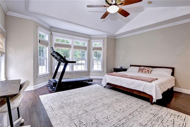 604 Schooner Blvd, Williamsburg, VA 23185 - bedroom featuring baseboards, dark wood-type flooring, vaulted ceiling, a ceiling fan, and crown molding