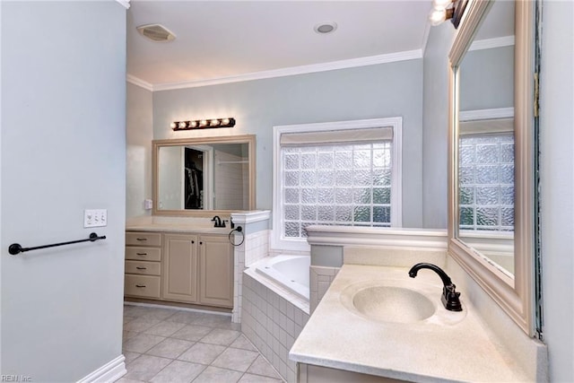 604 Schooner Blvd, Williamsburg, VA 23185 - full bathroom featuring vanity, a garden tub, ornamental molding, tile patterned floors, and a shower with door