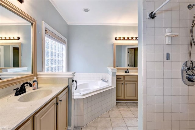 604 Schooner Blvd, Williamsburg, VA 23185 - full bath with two vanities, a bath, tile patterned floors, tiled shower, and crown molding