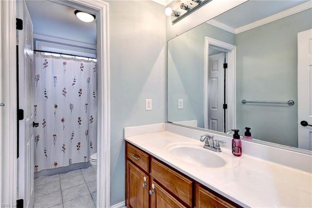 604 Schooner Blvd, Williamsburg, VA 23185 - bathroom featuring vanity, toilet, crown molding, curtained shower, and tile patterned floors
