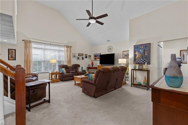 2612 Einstein Dr, Virginia Beach, VA 23456 - living room with high vaulted ceiling, light carpet, and ceiling fan