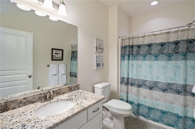 145 Beacon Run, Suffolk, VA 23435 - full bathroom with vanity, toilet, tile patterned flooring, a shower with shower curtain, and recessed lighting