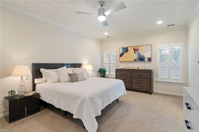145 Beacon Run, Suffolk, VA 23435 - bedroom with light carpet, ornamental molding, baseboards, a ceiling fan, and recessed lighting