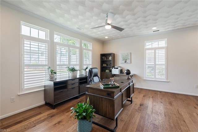 145 Beacon Run, Suffolk, VA 23435 - office space featuring a ceiling fan, ornamental molding, baseboards, wood finished floors, and recessed lighting