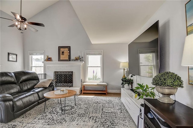 3145 Crestwood Ln, Virginia Beach, VA 23453 - living room featuring ceiling fan, wood finished floors, a fireplace, vaulted ceiling, and baseboards