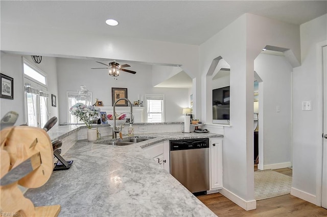 3145 Crestwood Ln, Virginia Beach, VA 23453 - kitchen featuring stainless steel dishwasher, a sink, a ceiling fan, light wood-style flooring, and plenty of natural light