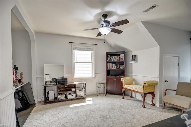 3145 Crestwood Ln, Virginia Beach, VA 23453 - carpeted office space with ceiling fan, wainscoting, arched walkways, and lofted ceiling
