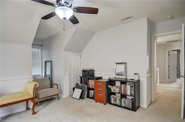 3145 Crestwood Ln, Virginia Beach, VA 23453 - office area with light carpet, a ceiling fan, and a wainscoted wall