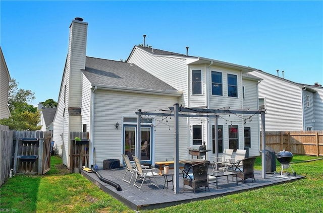 3145 Crestwood Ln, Virginia Beach, VA 23453 - rear view of house with a pergola, a chimney, and roof with shingles