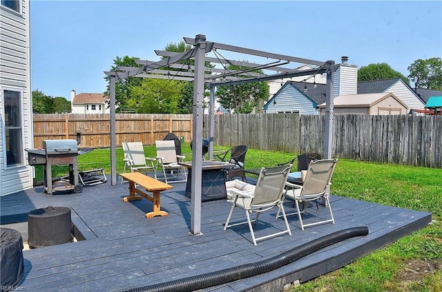 3145 Crestwood Ln, Virginia Beach, VA 23453 - wooden deck with a pergola, a fenced backyard, a grill, and an outdoor fire pit