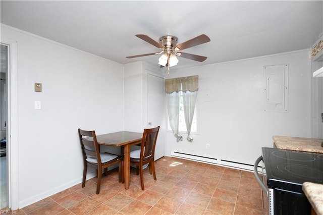 1204 Blythewood Ln, Suffolk, VA 23434 - dining area featuring a baseboard radiator, electric panel, a ceiling fan, and crown molding