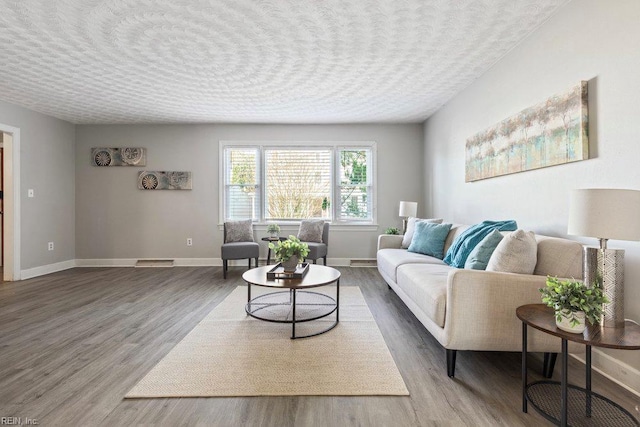 128 Wellons St, Suffolk, VA 23434 - living room featuring wood finished floors, a textured ceiling, and baseboards