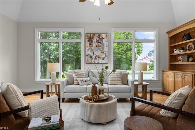 118 Goose Hill Way, Smithfield, VA 23430 - living area featuring vaulted ceiling, a ceiling fan, plenty of natural light, and baseboards