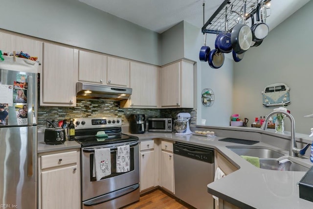 321 Duke St Unit 133, Norfolk, VA 23510 - kitchen with under cabinet range hood, appliances with stainless steel finishes, a sink, backsplash, and light countertops