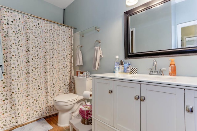 321 Duke St Unit 133, Norfolk, VA 23510 - bathroom with toilet, vanity, wood finished floors, and curtained shower