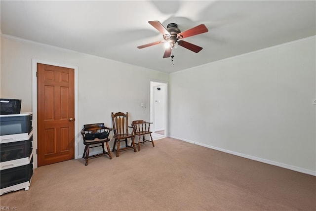 355 Nassau Pl, Hampton, VA 23666 - living area featuring ceiling fan, light carpet, crown molding, and baseboards
