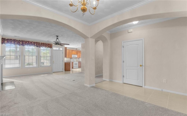 2881 Rose Garden Way, Virginia Beach, VA 23456 - unfurnished living room featuring arched walkways, baseboards, a chandelier, ceiling fan, and crown molding