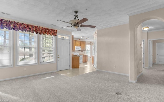 2881 Rose Garden Way, Virginia Beach, VA 23456 - unfurnished living room with light colored carpet, arched walkways, crown molding, healthy amount of natural light, and ceiling fan