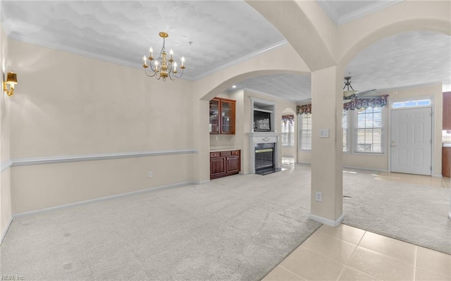 2881 Rose Garden Way, Virginia Beach, VA 23456 - foyer entrance featuring carpet floors, ornamental molding, baseboards, a high end fireplace, and a ceiling fan