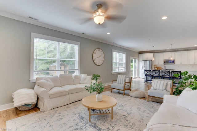 7412 Glenroie Ave, Norfolk, VA 23505 - living room featuring baseboards, wood finished floors, ornamental molding, a ceiling fan, and recessed lighting