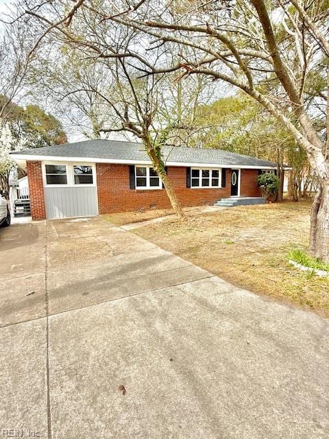291 Fair Meadows Rd, Virginia Beach, VA 23462 - ranch-style house with brick siding, concrete driveway, and a shingled roof