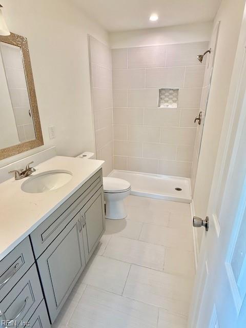 291 Fair Meadows Rd, Virginia Beach, VA 23462 - full bath with vanity, toilet, tiled shower, tile patterned floors, and recessed lighting