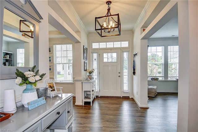 3729 Longhill Arch, Chesapeake, VA 23323 - entryway featuring crown molding, plenty of natural light, dark wood-type flooring, a chandelier, and baseboards