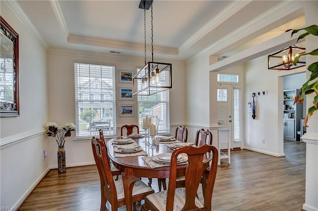 3729 Longhill Arch, Chesapeake, VA 23323 - dining space with a chandelier, healthy amount of natural light, wood finished floors, a tray ceiling, and ornamental molding