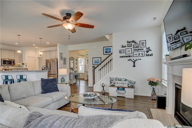 3729 Longhill Arch, Chesapeake, VA 23323 - living area featuring ceiling fan, stairway, wood finished floors, baseboards, and recessed lighting