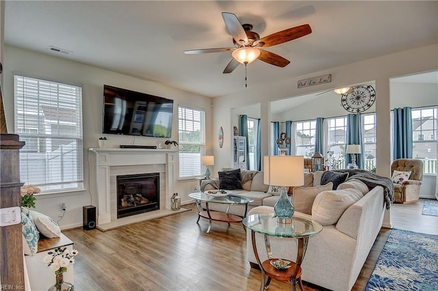 3729 Longhill Arch, Chesapeake, VA 23323 - living area with a ceiling fan, a glass covered fireplace, and wood finished floors