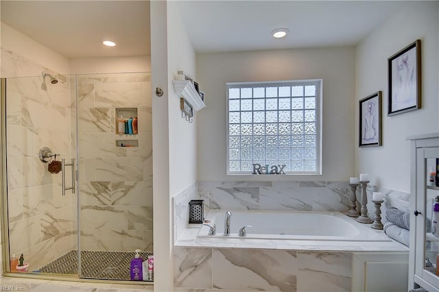 3729 Longhill Arch, Chesapeake, VA 23323 - bathroom featuring a bath, a marble finish shower, and recessed lighting