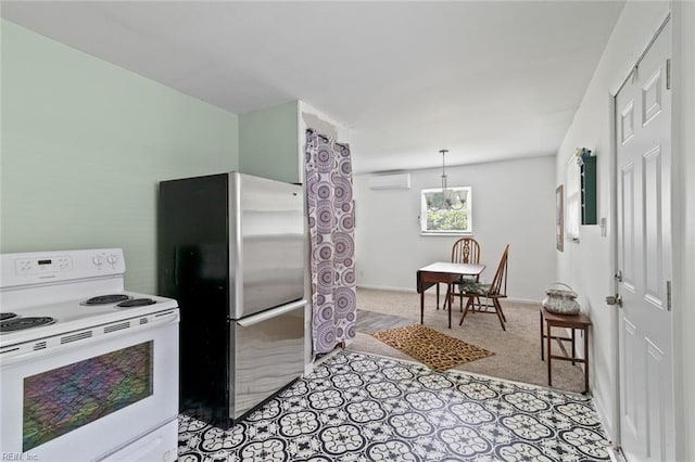 221 Herbert Ave, Hampton, VA 23664 - kitchen with white range with electric cooktop, freestanding refrigerator, a wall unit AC, and light colored carpet