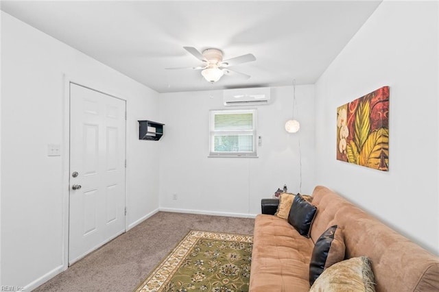 221 Herbert Ave, Hampton, VA 23664 - living room featuring a wall mounted air conditioner, carpet, a ceiling fan, and baseboards
