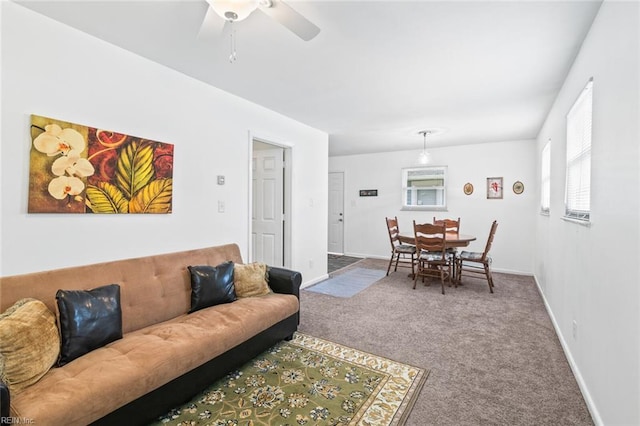 221 Herbert Ave, Hampton, VA 23664 - living room featuring carpet, a ceiling fan, and baseboards