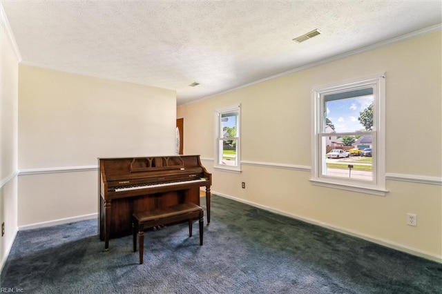 214 Silver Isles Blvd, Hampton, VA 23664 - living area featuring a textured ceiling, ornamental molding, carpet floors, and baseboards