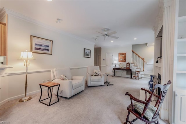 2504 William Tankard Dr, Williamsburg, VA 23185 - living area featuring light carpet, a ceiling fan, a fireplace, crown molding, and recessed lighting