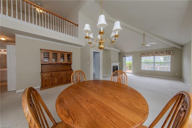238 Wingate Dr, Williamsburg, VA 23185 - dining area with light carpet, high vaulted ceiling, ceiling fan, a chandelier, and beamed ceiling