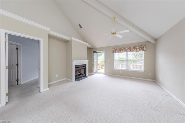 238 Wingate Dr, Williamsburg, VA 23185 - unfurnished living room featuring light carpet, a ceiling fan, a high end fireplace, beamed ceiling, and high vaulted ceiling