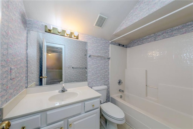 238 Wingate Dr, Williamsburg, VA 23185 - full bathroom featuring vanity, shower / bath combination, wallpapered walls, and vaulted ceiling