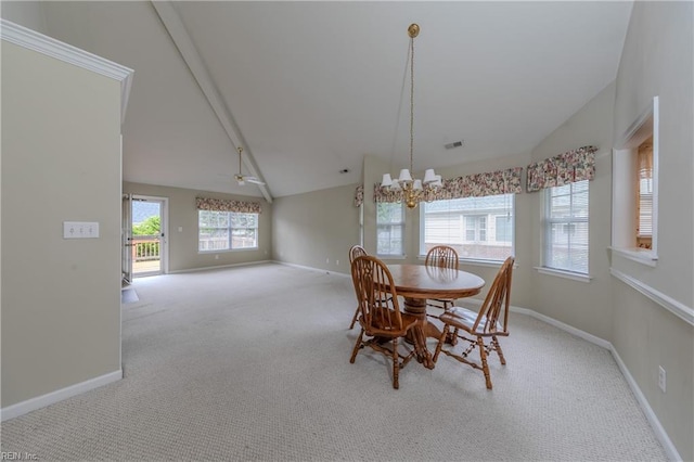 238 Wingate Dr, Williamsburg, VA 23185 - dining space featuring lofted ceiling, carpet floors, a ceiling fan, and a chandelier