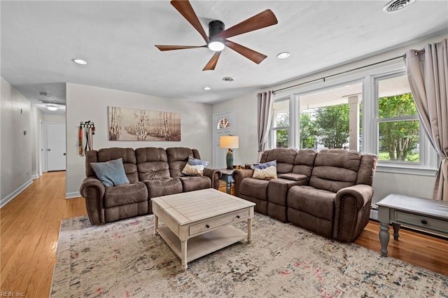 404 Briarfield Dr, Chesapeake, VA 23322 - living room featuring a ceiling fan, wood finished floors, recessed lighting, and baseboards
