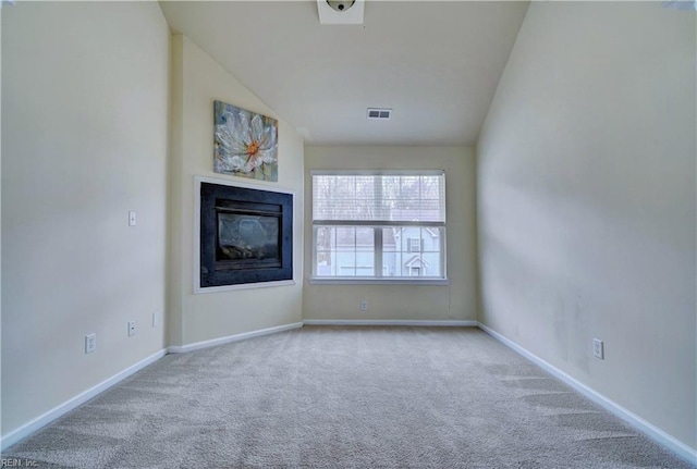 5233 Winery Dr, Chesapeake, VA 23321 - unfurnished living room with carpet, a glass covered fireplace, lofted ceiling, and baseboards