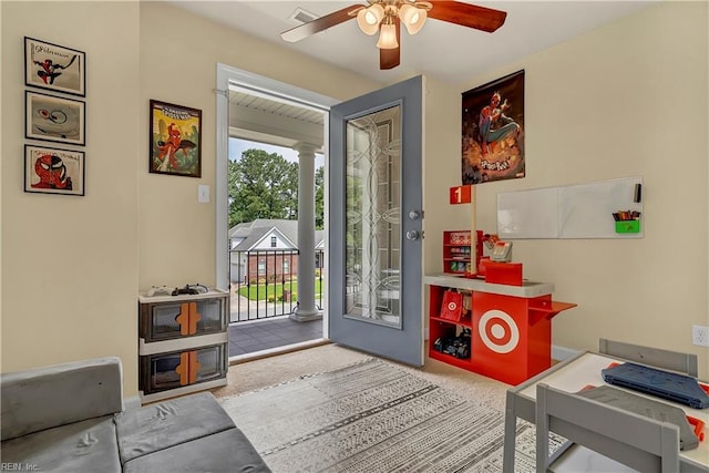 921 Justin Lee Way, Chesapeake, VA 23322 - foyer with a ceiling fan, carpet, and decorative columns