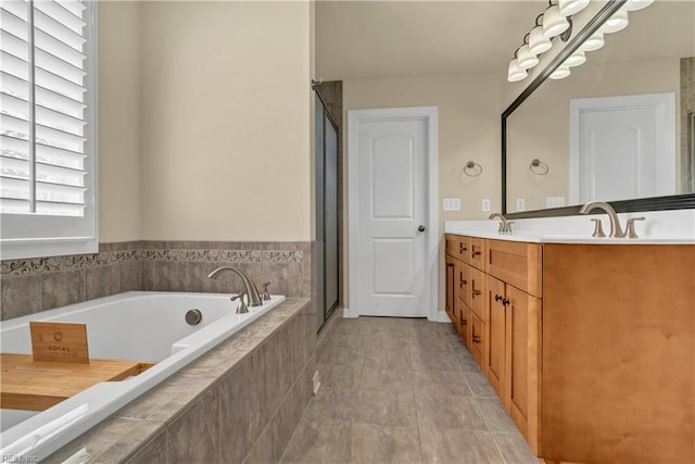 921 Justin Lee Way, Chesapeake, VA 23322 - bathroom with a bath, double vanity, a stall shower, and tile patterned floors