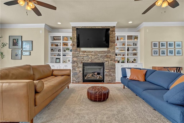 921 Justin Lee Way, Chesapeake, VA 23322 - living area with ceiling fan, ornamental molding, a fireplace, recessed lighting, and built in features