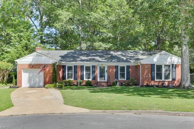 20 Hatteras Lndg, Hampton, VA 23669 - ranch-style house with a chimney, a garage, concrete driveway, brick siding, and a front lawn