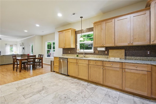 700 Dickens Pl, Chesapeake, VA 23322 - kitchen featuring dishwasher, a sink, decorative backsplash, open floor plan, and recessed lighting