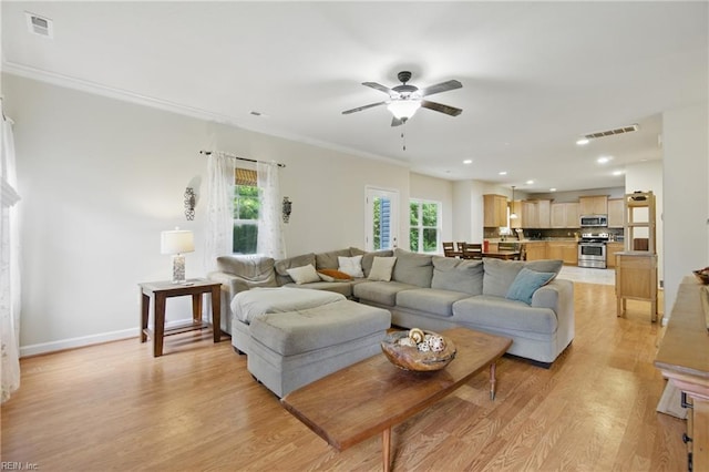 700 Dickens Pl, Chesapeake, VA 23322 - living area with a ceiling fan, light wood-style floors, ornamental molding, baseboards, and recessed lighting