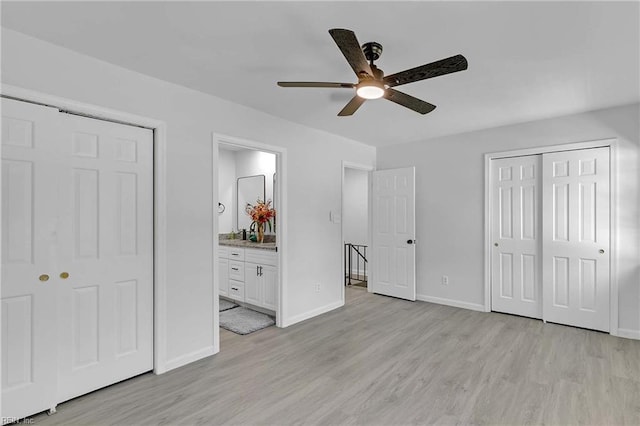 392 Deputy Ln Unit D, Newport News, VA 23608 - unfurnished bedroom with light wood-style floors, baseboards, connected bathroom, and ceiling fan
